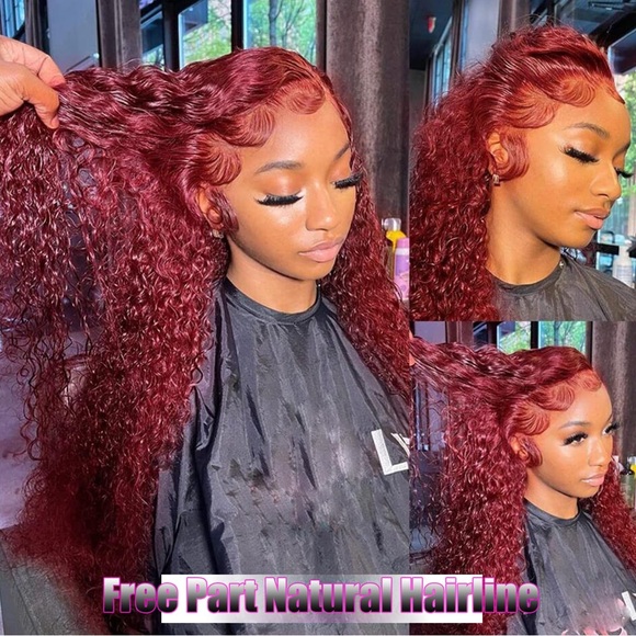 HUMAN HAIR Burgundy Deep Wave Lace Front Wig 13x4 HD Glueless 180% Density - Picture 6 of 9